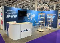 Stand for Jabil, 2 walls, 2 glass display towers, and a curved L-shape counter