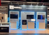 Marvell stand with back wall, LED edge lighting and a display counter