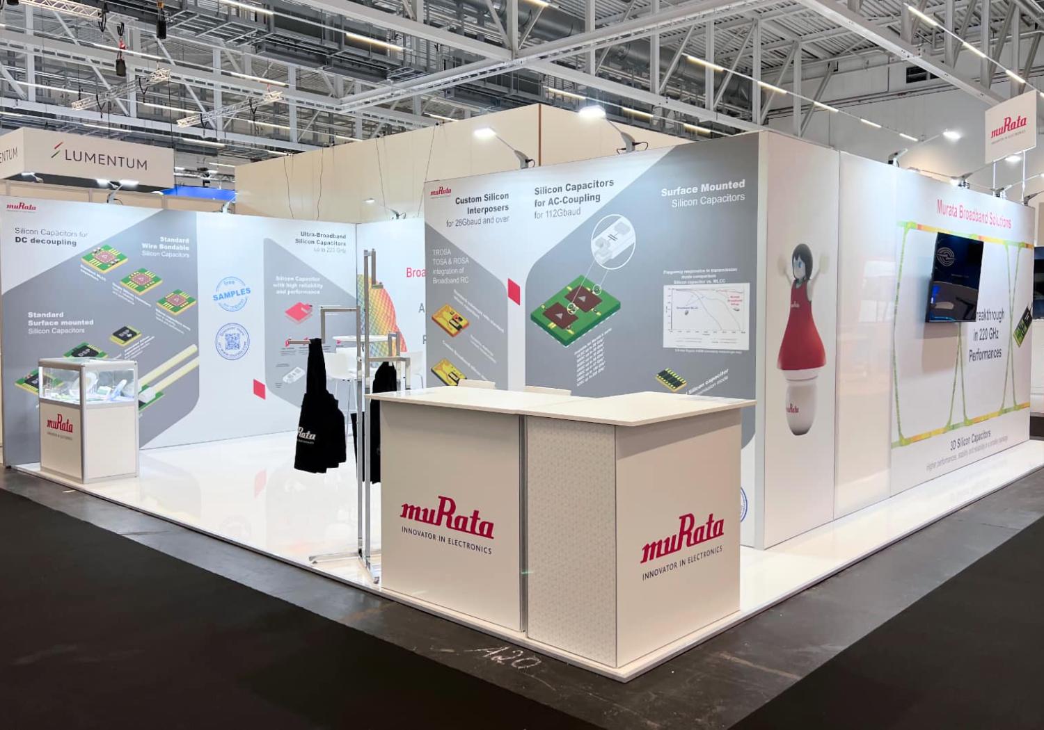 Murata stand - 0 walls space, graphic walls creating meeting room and display areas