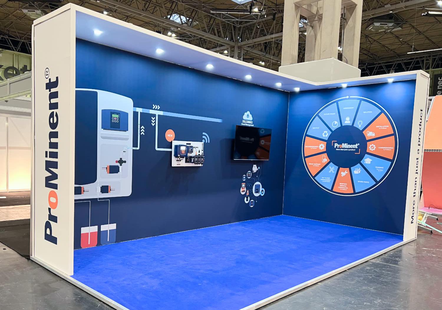 Prominent exhibition stand, 2 walls with side returns supporting roof with downlight